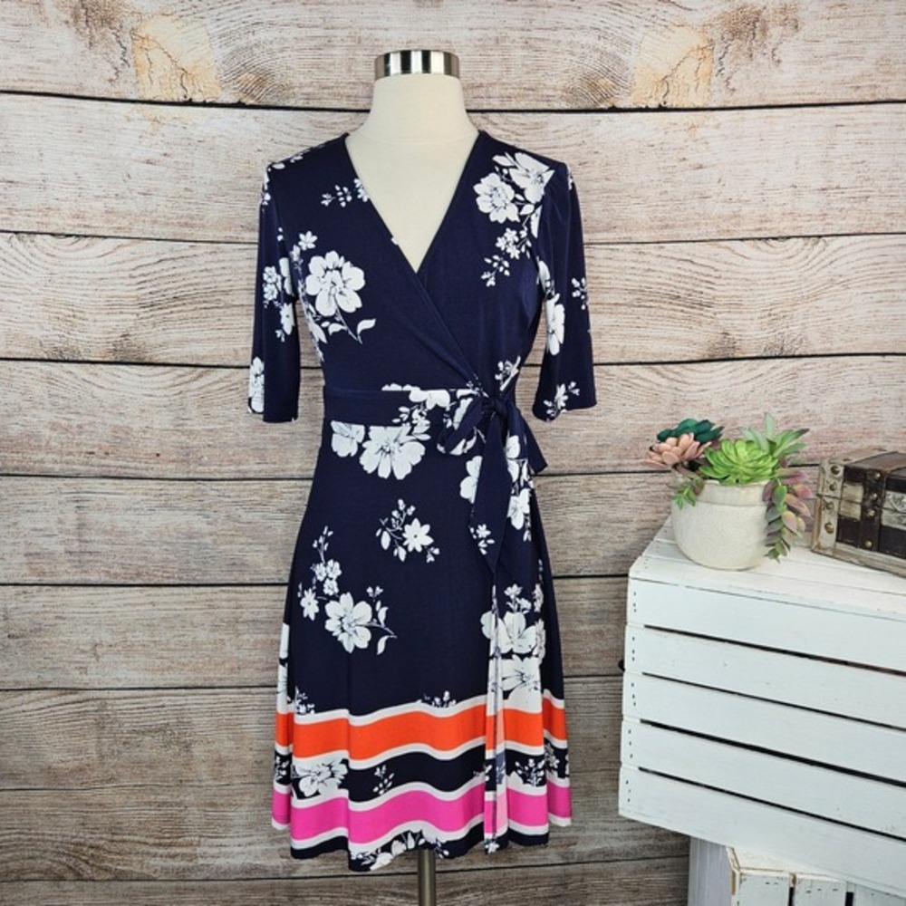Vince Camuto Navy Floral Faux Wrap Dress Orange Pink Stripes Size 2‎